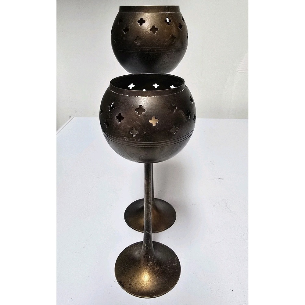 VTG Gatco Brass Tea Light Holder Cutwork Star Design Made in India Set 10" & 8" - Picture 3 of 10